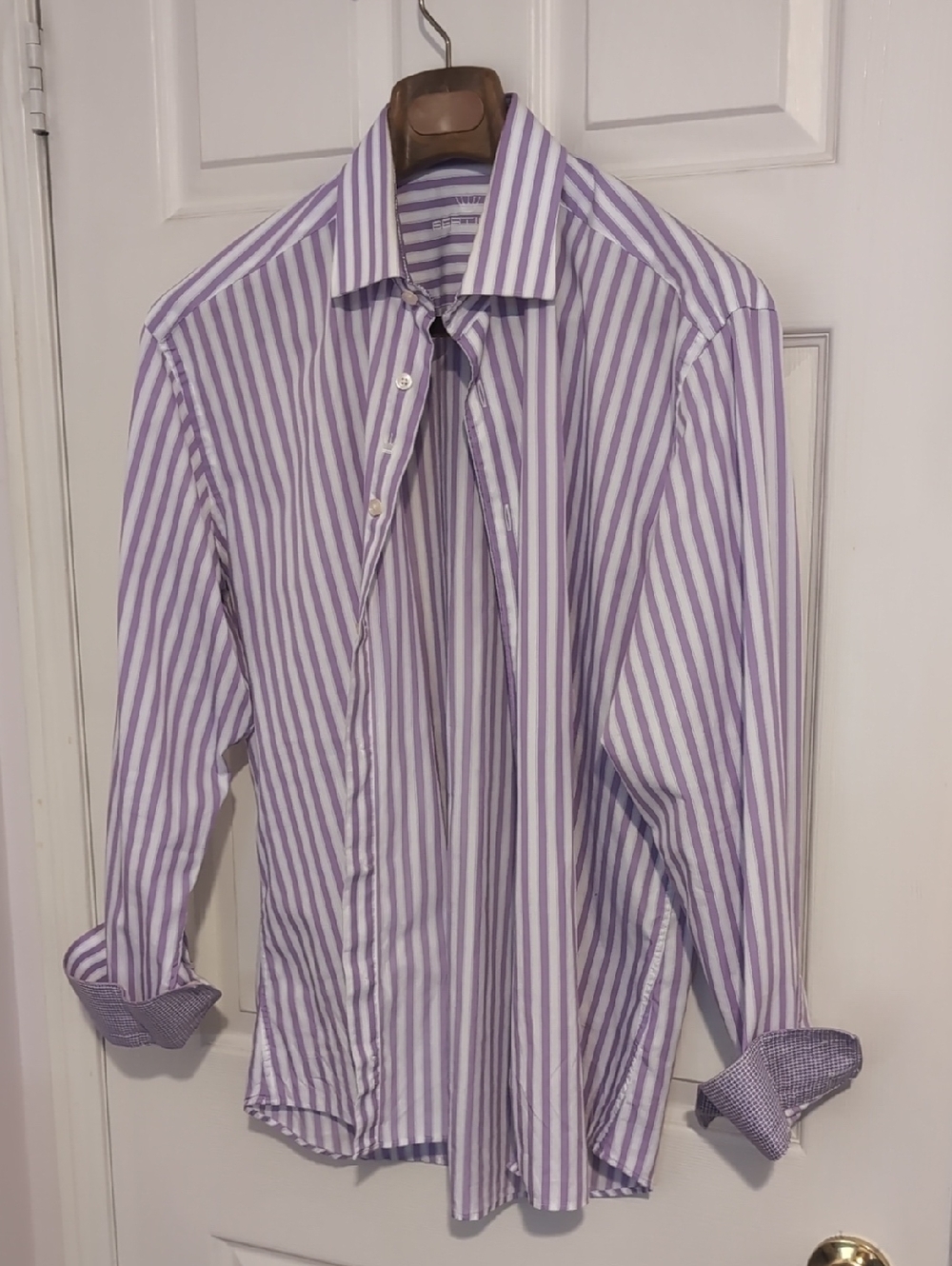 Lavender and White Striped Dress Shirt - Tailored Spread Collar Contrast Cuffs